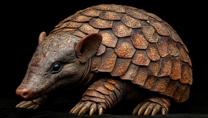 Fototapeta premium Close-up of an armadillo, showcasing its distinctive, scaly, armored shell. Dark background highlights the animal's features