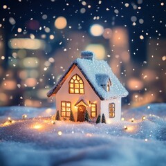 Fototapeta premium Snowy winter scene with illuminated miniature house, surrounded by lights and falling snow against a city backdrop