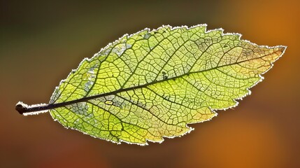 Translucent Leaf Vein Illuminated by Sunlight with a Light Frost Texture