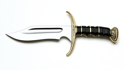 Obraz premium An ornate dagger with a polished blade, gold accents, and a black handle is displayed against a stark white backdrop highlighting its details and craftsmanship.