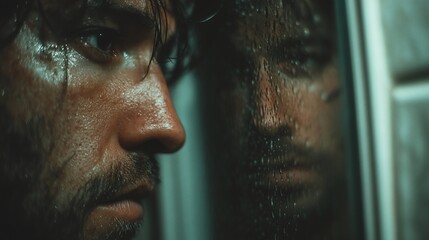 Man looking at his reflection in a misty shower mirror, close-up