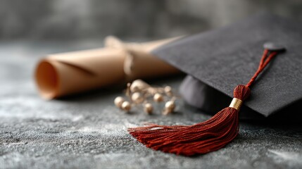 A close-up of a graduation cap and diploma laid flat on a textured background, emphasizing the significance of academic milestones