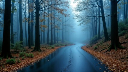 Fototapeta premium Serene Autumn Forest Pathway in Morning Mist With Fallen Leaves and Tall Trees