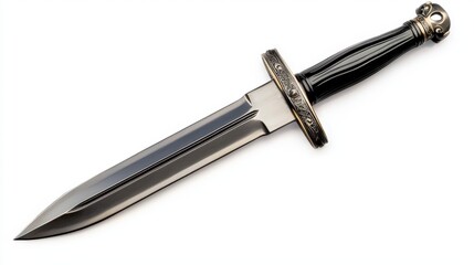 A gleaming antique dagger with a silver blade, decorative metal guard, and elegant black handle rests on a clean white background showing its details nicely.