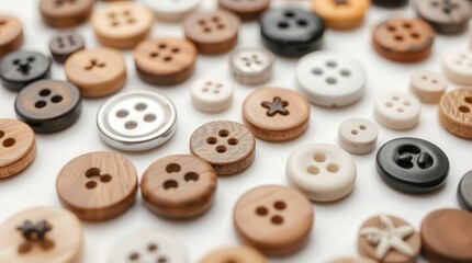 Obraz premium Assorted Colorful Buttons on White Background for Craft Projects