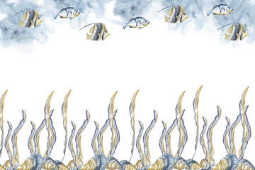 Deep sea banner template with seaweeds and shell on sea bed and swimming small aquarium fish on watercolor splash illustration. Hand drawn marine life monochrome frame for poster, card,packing design © Evgeniya