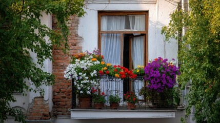 A cozy balcony with a vintage iron railing and lush blooms in full color surrounding an open window with white curtains