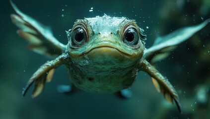 Aquatic creature with large eyes,  light teal,  and  wings,  swimming in  dark teal water,  small bubbles