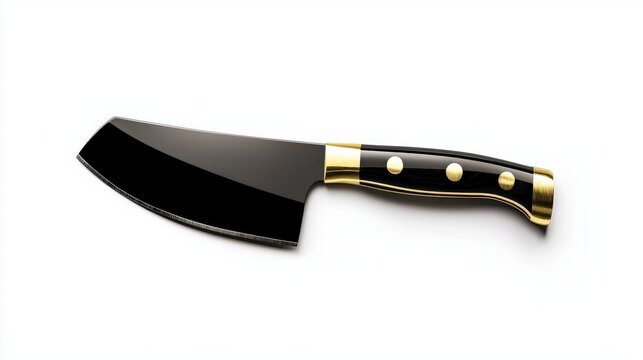A sleek black cleaver with golden accents lies horizontally on a clean white surface, its polished blade reflecting light and suggesting culinary precision.