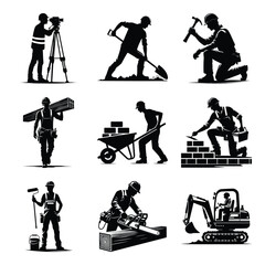 Different construction worker bundle set collection vector illustration isolated on a white background