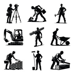 Different construction worker bundle set collection vector illustration isolated on a white background