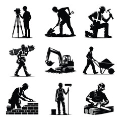 Different construction worker bundle set collection vector illustration isolated on a white background