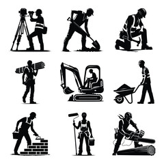 Different construction worker bundle set collection vector illustration isolated on a white background