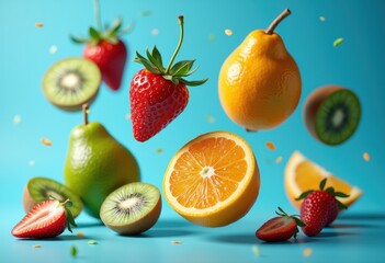levitate vibrant fruits colorful arrangement bright blue backdrop artistry composition, orange, banana, grape, kiwi, berry, peach, citrus, slice, food