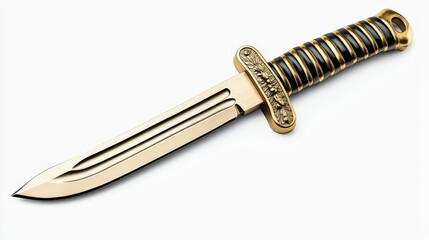 A golden collectible dagger with a decorative handle rests on a white background, highlighting its intricate craftsmanship and elegant design for display.