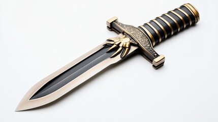 A decorative medieval dagger with an ornate handle, intricate spider design, and a gleaming blade rests elegantly against a stark white backdrop in focus.