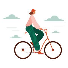 Stylish vector illustration of a woman riding a bicycle on a sunny day. Minimal flat design with soft colors and motion elements. Perfect for eco lifestyle themes, cycling promotions, wellness content