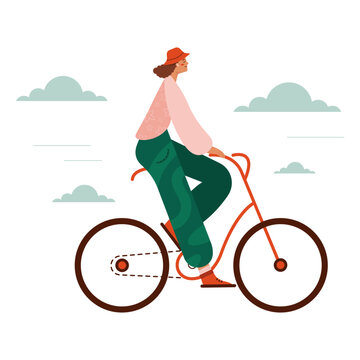 Stylish vector illustration of a woman riding a bicycle on a sunny day. Minimal flat design with soft colors and motion elements. Perfect for eco lifestyle themes, cycling promotions, wellness content
