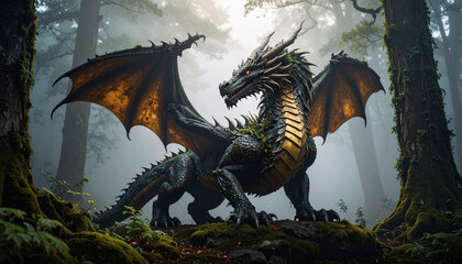 Epic dragon battle in enchanted forest fantasy art misty environment dynamic viewpoint