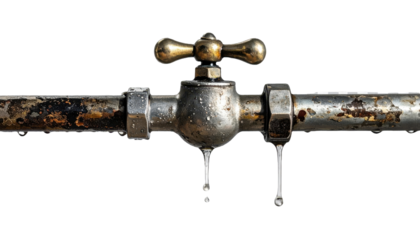 A closeup of a weathered vintagestyle metallic faucet dripping with moisture mounted on 