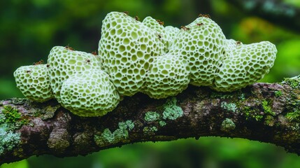Clustered, light green, porous fungi on a branch