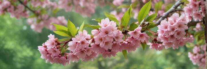 Delicate pink cherry blossom, vibrant green leaf backdrop, japanese, pastel