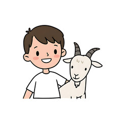 Illustration of boy with goat animal cartoon character design vector graphic art style drawing kid pet farm on transparent background