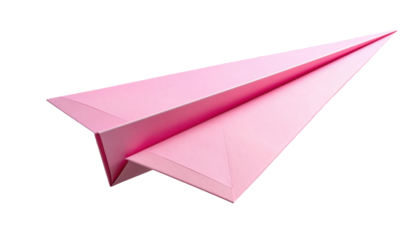 A sharply folded pastel pink paper airplane with crisp edges floating in midair symboliz 