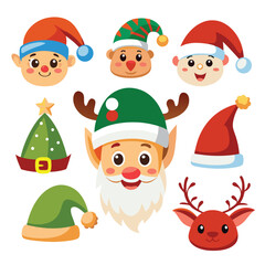 A festive assortment of ten cartoon Christmas headwear options, including Santa hats, elf hats, and reindeer antlers
