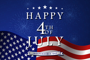 Happy 4th of July background with US national flag, fireworks and stars. USA Independence Day.
