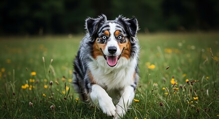 Energetic dog runs happily through field