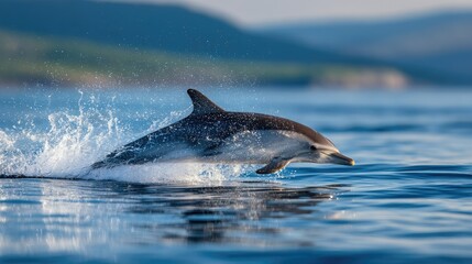 Fototapeta premium A joyful striped dolphin breaching the water with a splash, against a serene blue sea backdrop