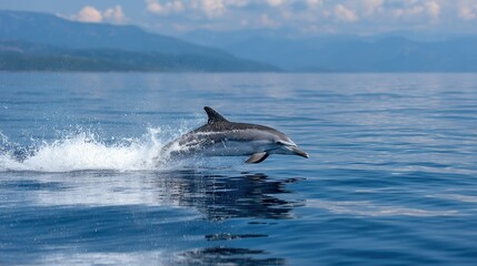 Fototapeta premium A joyful striped dolphin breaching the water with a splash, against a serene blue sea backdrop