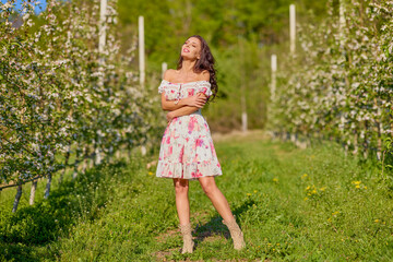 Full body portrait of a beautiful woman in a dress in a blooming apple orchard on a sunny spring day
