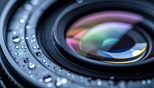 Captivating close-up of a camera lens with water droplets studio setting photography focus