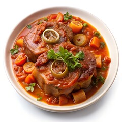 Osso Buco In Tomato Sauce With Vegetables On White Plate