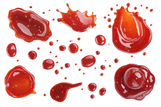 Set of red drops and splashes of ketchup isolated on a white background in transparent png