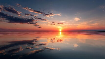 Obraz premium A peaceful orange sunset over the calm sea, with the warm colors of the sky reflected on the water's surface, creating a serene scene