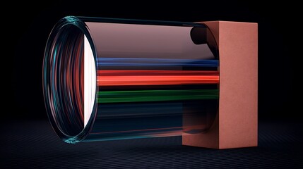Abstract glass cylinder with colored lines and a rectangular block