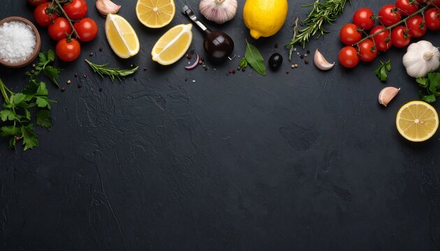 Dise&ntilde;o plano de elementos culinarios sobre fondo oscuro con textura y espacio libre para texto; recetas de cocina; preparaci&oacute;n de alimentos saludables, negocios de restauraci&oacute;n, cafeter&iacute;as, servicio d
