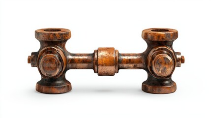 The rusted metal coupling pipe fixture with universal joints exhibits an aged industrial aesthetic on a clean white backdrop conveying a sense of mechanical history.
