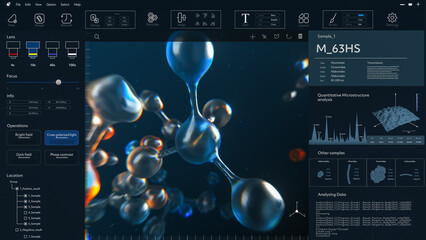 Molecular Modeling Software with Technology for Gene and DNA Sequencing. 3D Visualization for Scientific, Microbiology, Medical Research, Therapeutics. Screen Replacement Template for Computer
