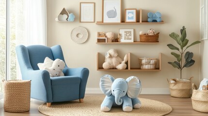 Nursery room interior design; elephant toy; calm background; relaxing atmosphere; for parenting blogs