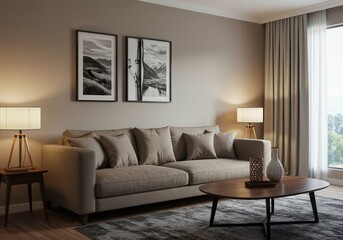 Fototapeta premium A living room with a sofa, coffee table, lamps, and artwork in a neutral color palette scheme decor