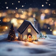 Fototapeta premium A charming snow-covered cottage glows warmly amidst a twinkling winter village, illuminated by soft lights and falling snow