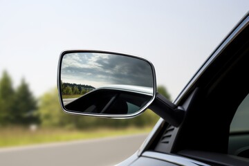 Fototapeta premium Car side mirror reflecting scenic road cloudy sky clear view chrome trim sleek design