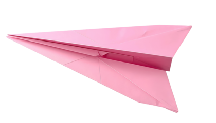 A sharply folded pastel pink paper airplane with crisp edges floating in midair symboliz 