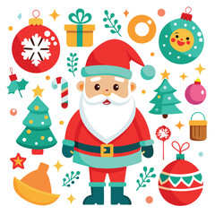a collection of Christmas-themed illustrations, including Santa Claus, ornaments, wreaths, and gifts 