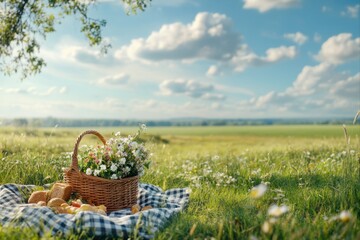 Basket with flowers and food on a picnic blanket in a field.