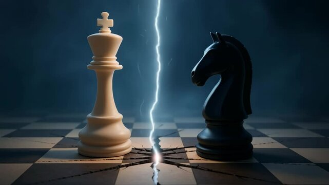 Lightning bolt dramatically splitting chessboard, creating intense visual metaphor of strategic conflict between white king and black knight, resulting in decisive defeat and game-changing moment